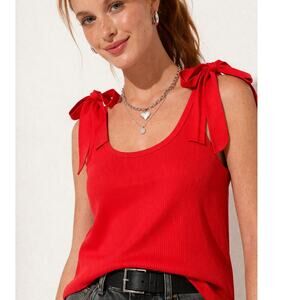 French Connection Red Bow Shoulder Ribbed Tank Top XL Romantic Vacation